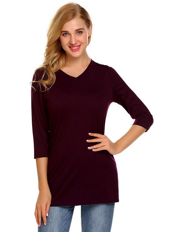 Fashion V-Neck Solid Loose Long Top Wine Red - Image 1