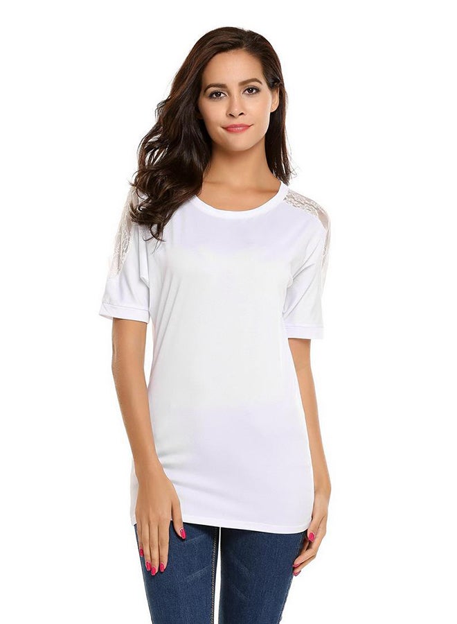 Short Sleeve Patchwork Floral Lace Top White