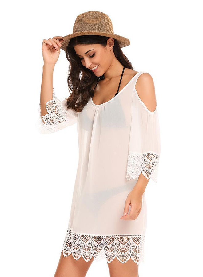 Off Shoulder Lace Hollow Out Patchwork Chiffon Cover-Up White  - Image 2