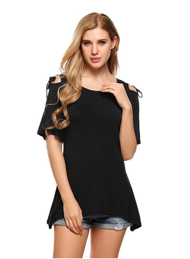 Cold Shoulder Lace Up Solid Asymmetrical Hem Blouse Black 