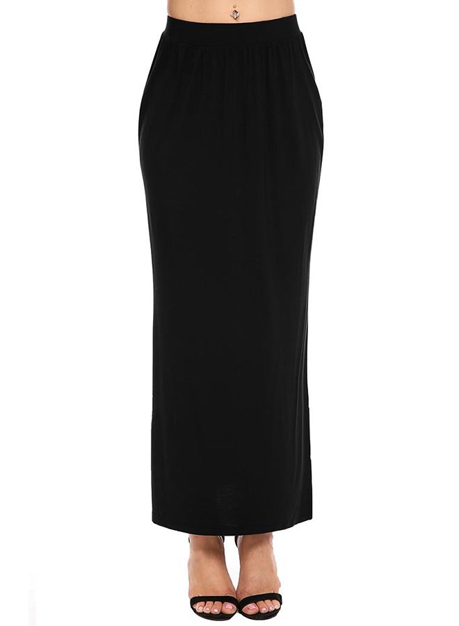 Elastic High Waist Solid Side Hem Split Skirt Black 