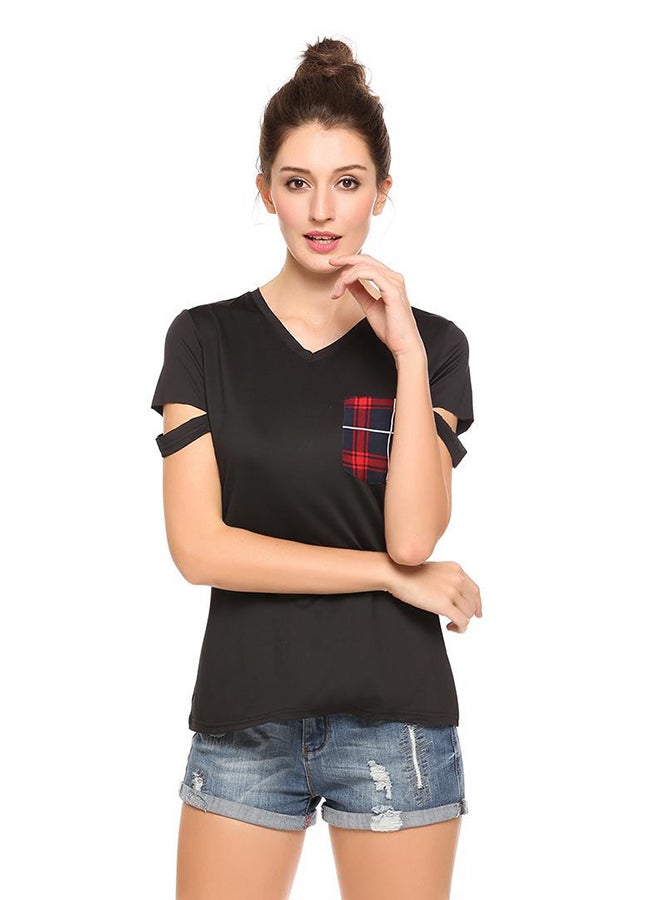 Front Pocket V Neck Plaid Slim Pullover Cut Out T-Shirt Black - Image 1