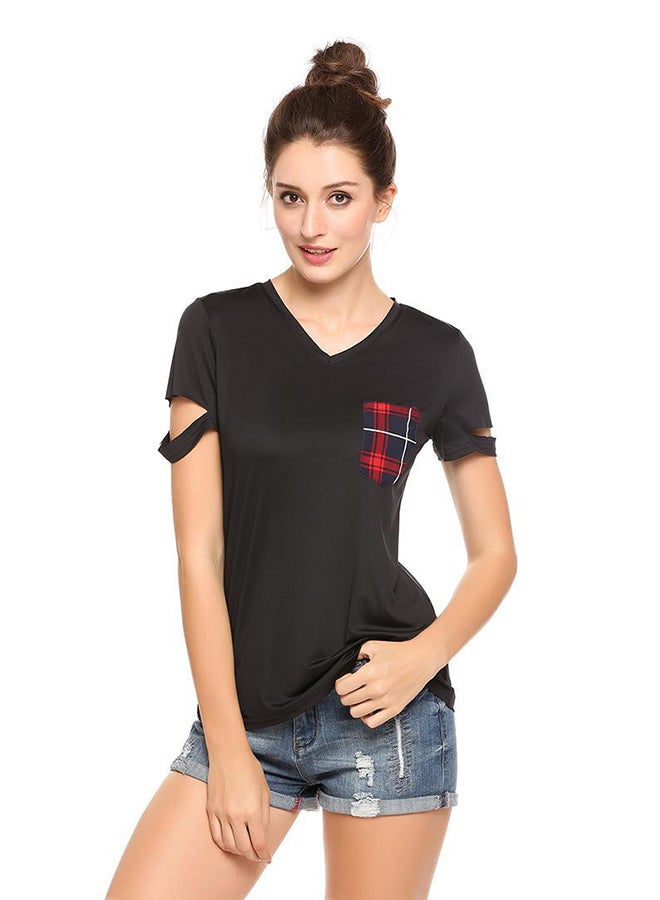 Front Pocket V Neck Plaid Slim Pullover Cut Out T-Shirt Black - Image 2