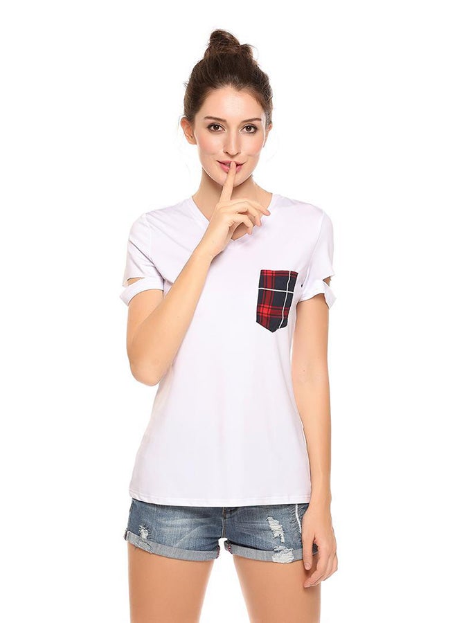 Front Pocket V Neck Plaid Slim Pullover Cut Out T-Shirt White