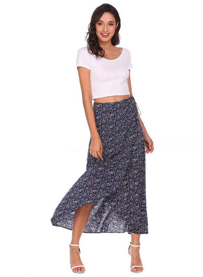 High Waist Floral Split Maxi Long Beach Casual Skirt Royal Blue  - Image 2
