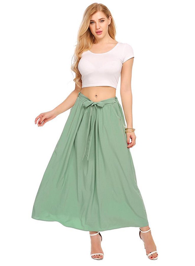 Elastic High Waist Solid Flare Maxi A-line Skirt Green 