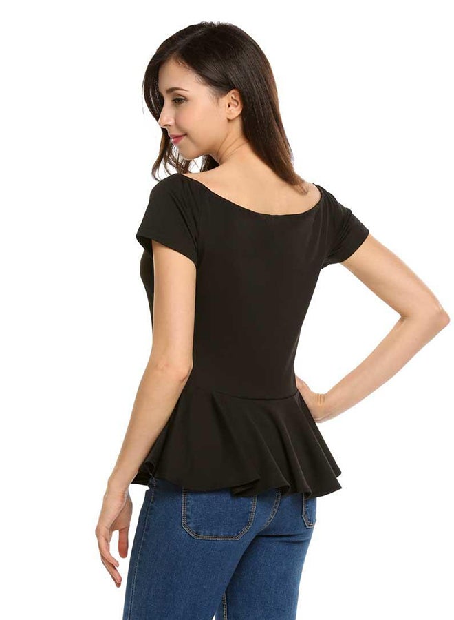 Short Sleeve Ruffles Solid Top Black  - Image 2