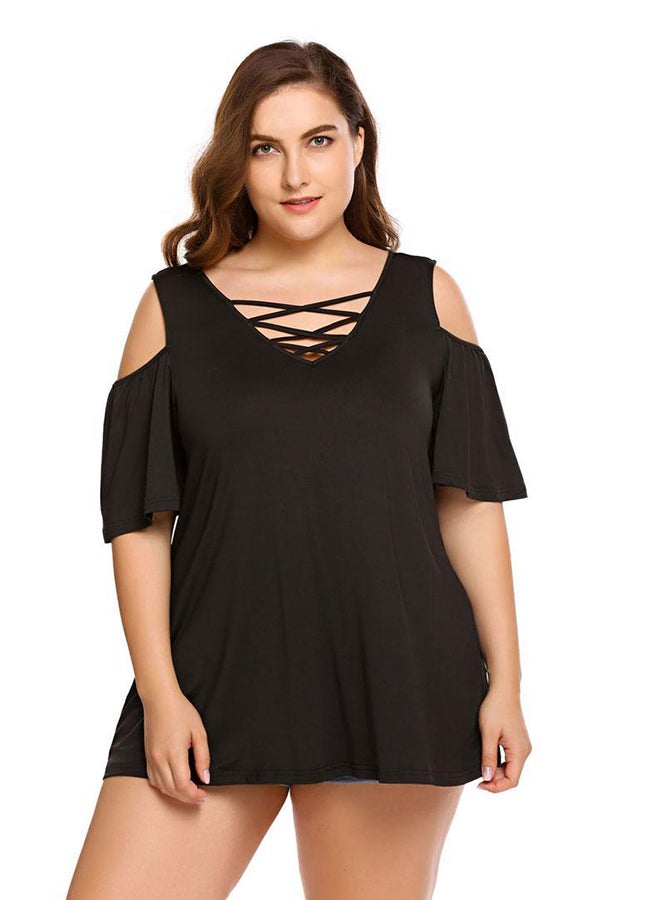 Cold Shoulder Half Sleeve Lace-up V-Neck Top Black  - Image 1