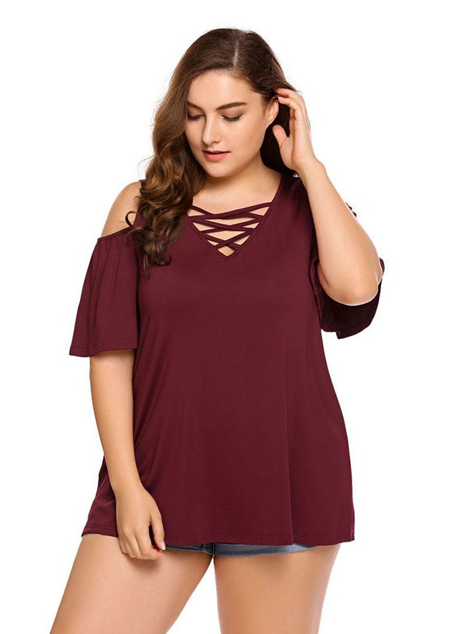 Cold Shoulder Half Sleeve Lace-up V-Neck Top Red  - Image 1