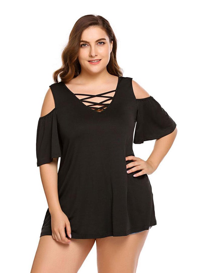 Cold Shoulder Half Sleeve Lace-up V-Neck Top Black  - Image 2