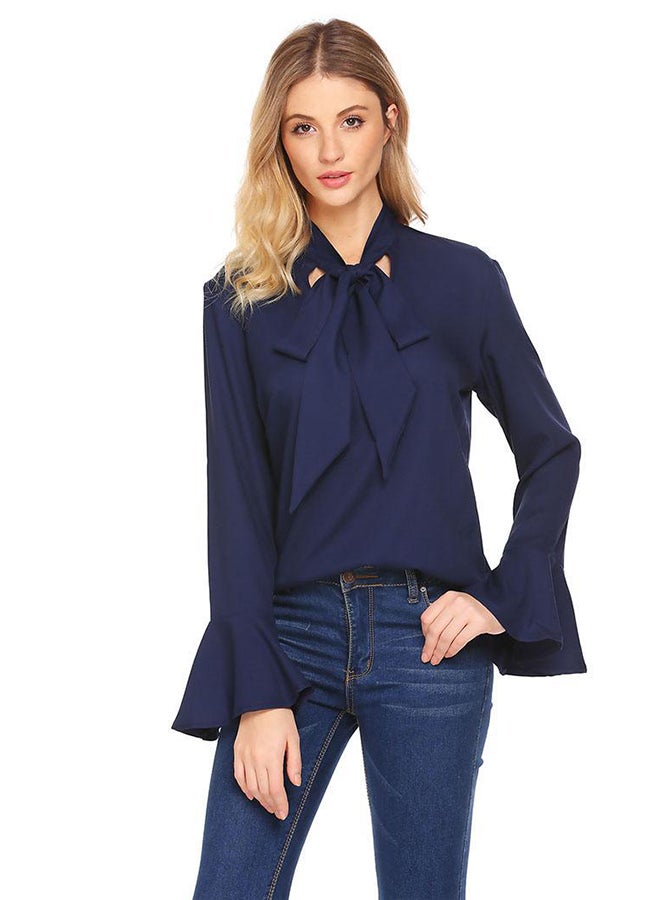 Flare Sleeve Solid Casual Loose Fit Top Blue - Image 1