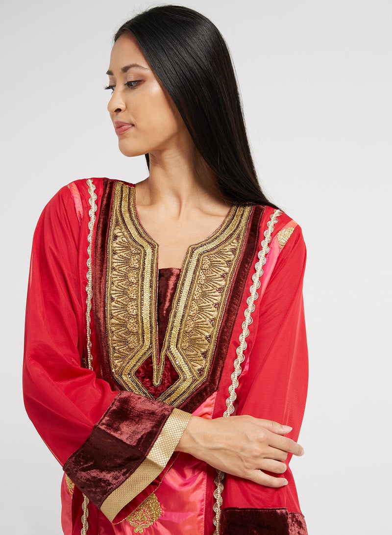 Raju Plaza - Traditional V-Neck Jalabiya Red/Pink - Image 1
