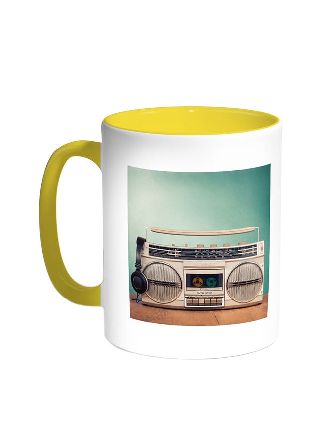 Decalac Old Cassette Recorder Printed Coffee Mug Yellow/White
