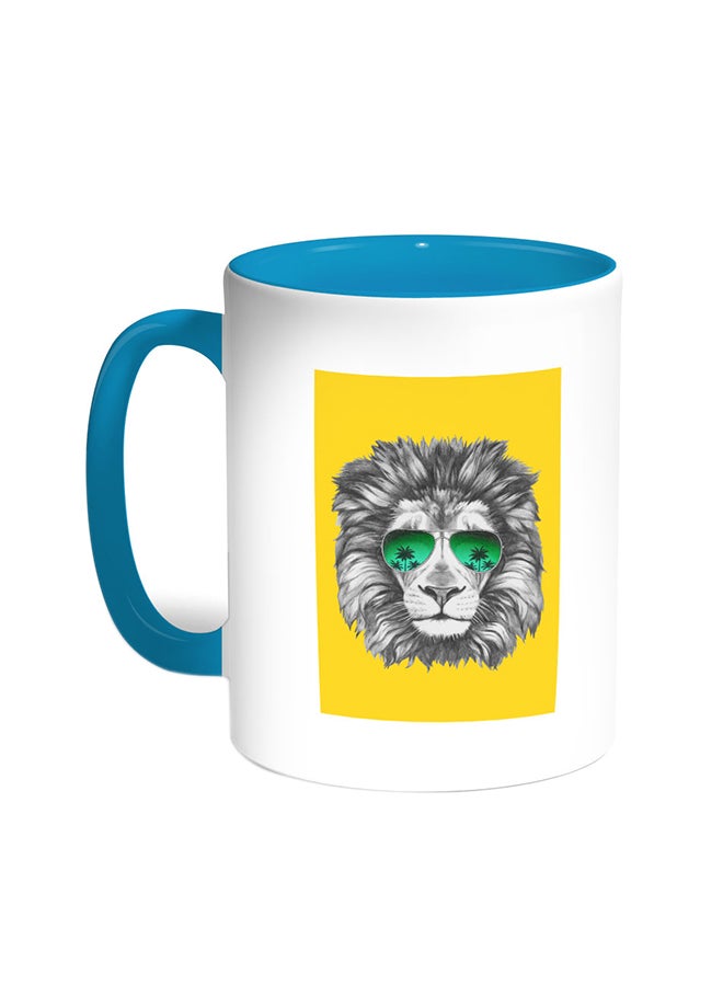A Lion Wearing Glasses Printed Coffee Mug Turquoise/White
