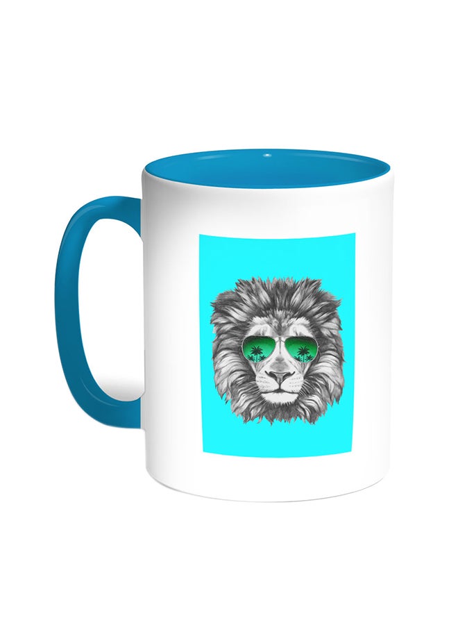 قدح قهوة بصورة أسد يرتدي نظارة تركواز/أبيض