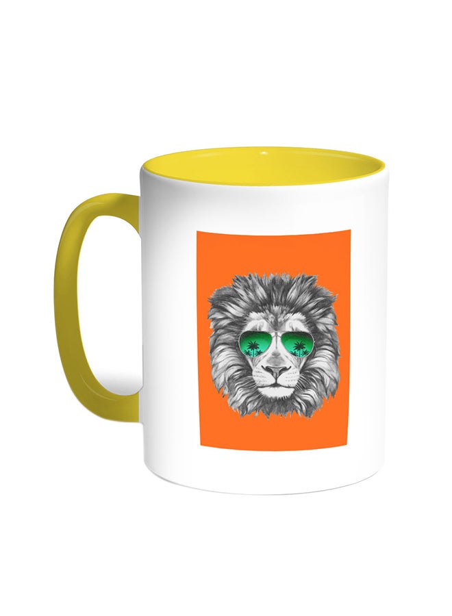 ديكالاك قدح قهوة بصورة أسد يرتدي نظارة أصفر/ابيض