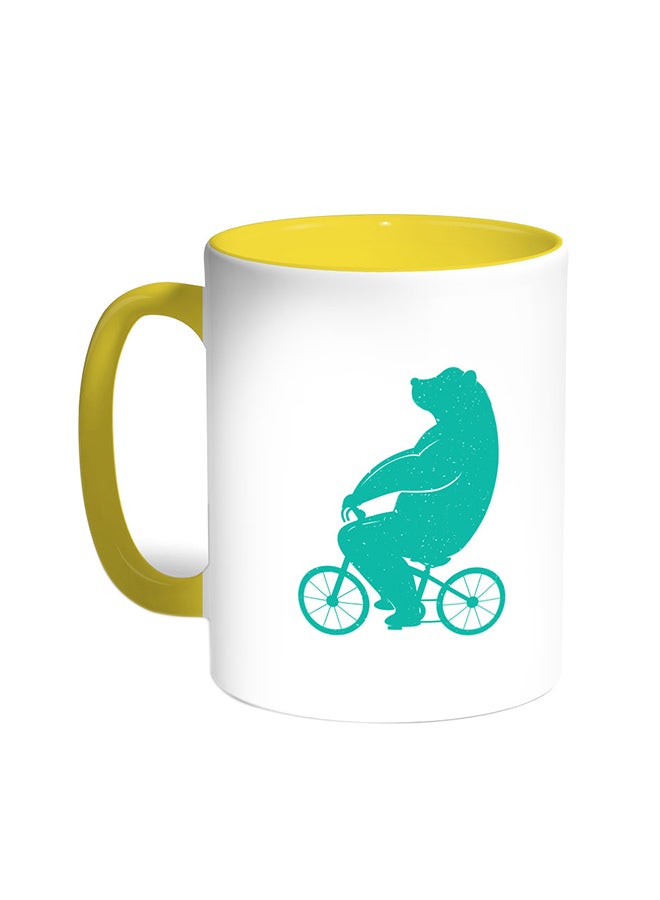 Decalac Bear Driving A Bicycle Printed Coffee Mug Yellow/White