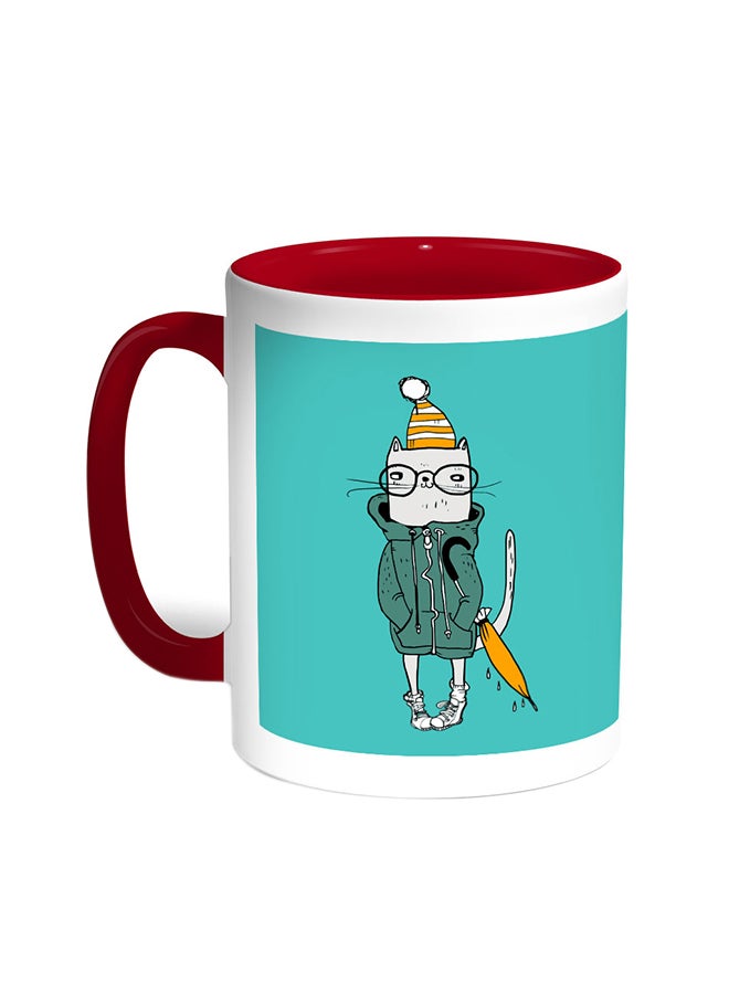 Cartoon Drawing - Cat Printed Coffee Mug Red/White