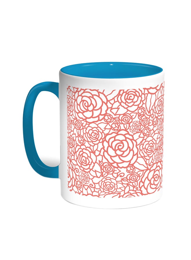 Flowers Motifs Printed Coffee Mug Turquoise/White