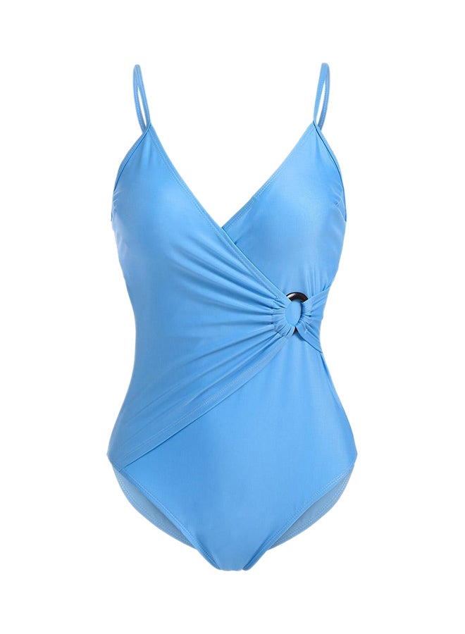 V Neck Sleeveless Padded Adjustable Spaghetti Strap Swimwear Light Blue