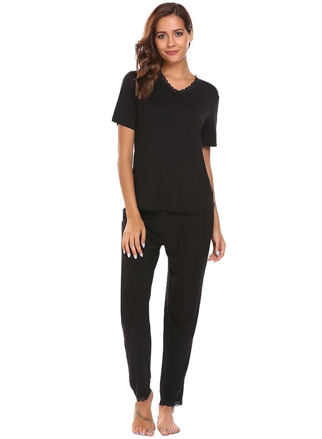 Lace Trimmed V Neck Short Sleeve Top With Elastic Waist Pants Black  - Image 1