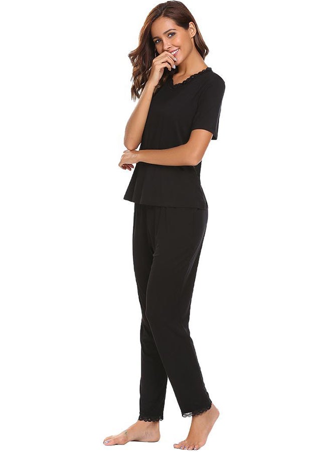 Lace Trimmed V Neck Short Sleeve Top With Elastic Waist Pants Black  - Image 2