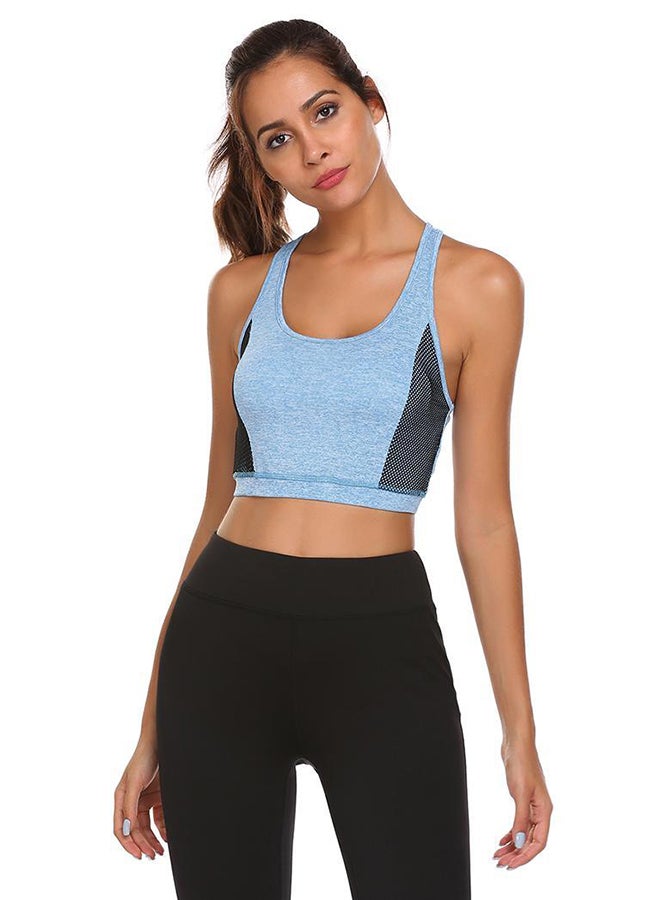 Scoop Neck Mesh Patchwork Slim Cross Back Sport Tank Top Blue - Image 1