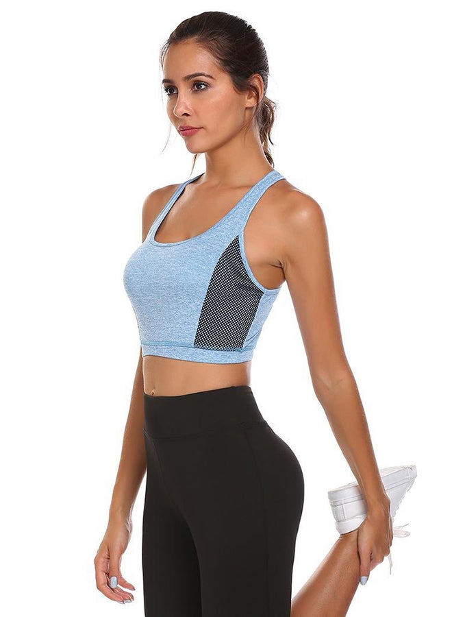 Scoop Neck Mesh Patchwork Slim Cross Back Sport Tank Top Blue - Image 3