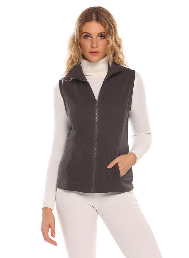 Sleeveless Solid Front Zipper Jacket Grey 