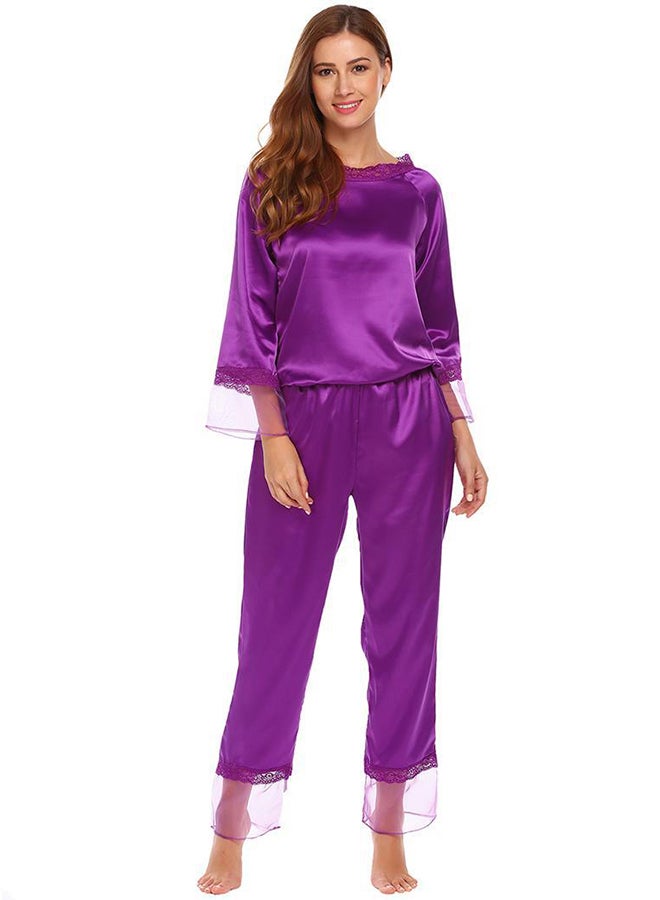 Sleeve Lace Patchwork Top And Elastic Waist Pyjamas Set Purple 