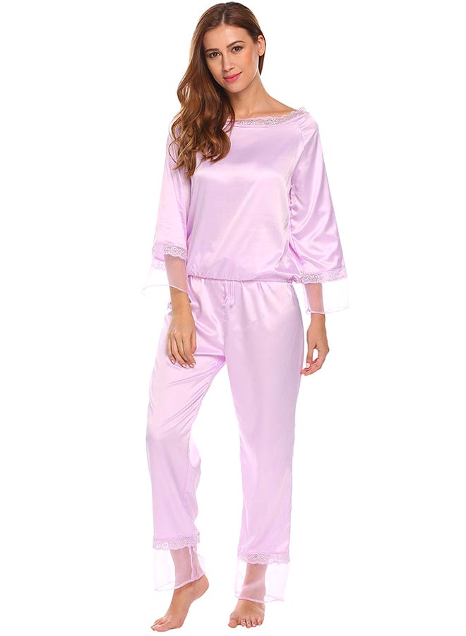 Sleeve Lace Patchwork Top And Elastic Waist Pyjamas Set Light Purple  - Image 1