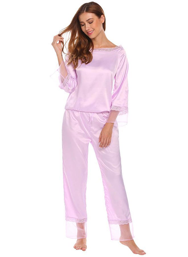 Sleeve Lace Patchwork Top And Elastic Waist Pyjamas Set Light Purple  - Image 2