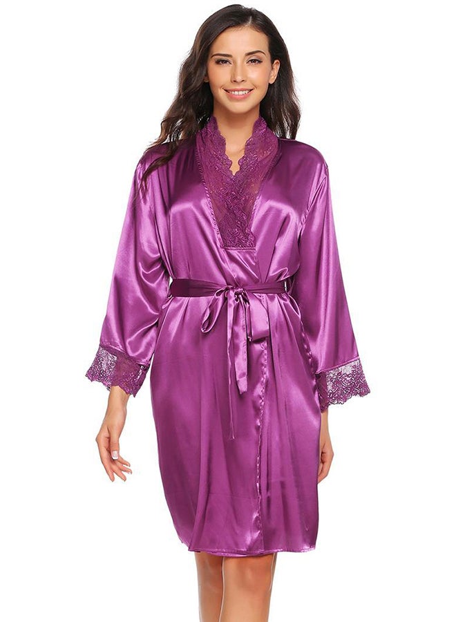 V Neck Lace Patchwork Kimono Satin Robe With Belt Purple  - Image 1