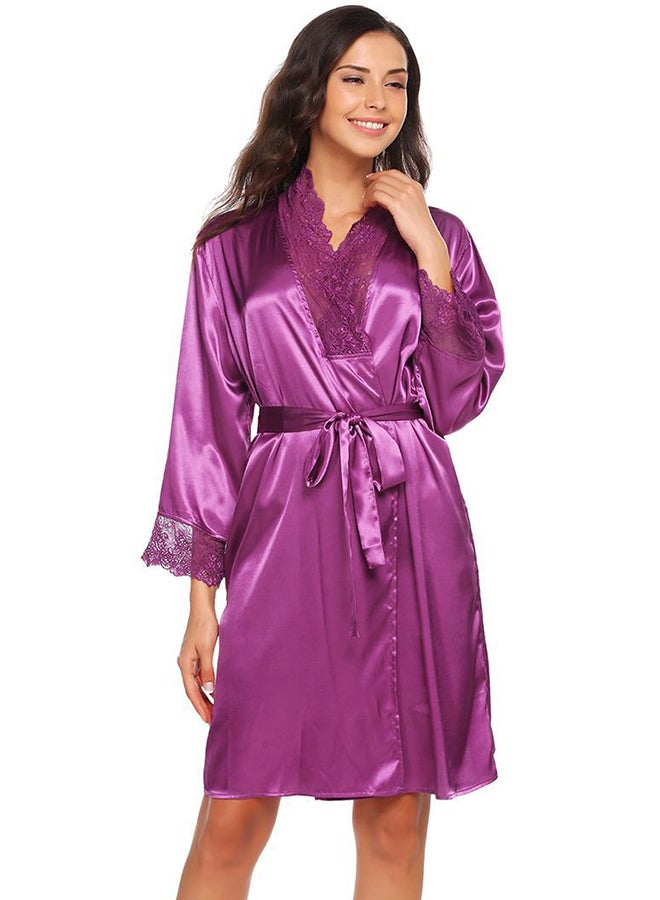 V Neck Lace Patchwork Kimono Satin Robe With Belt Purple  - Image 2