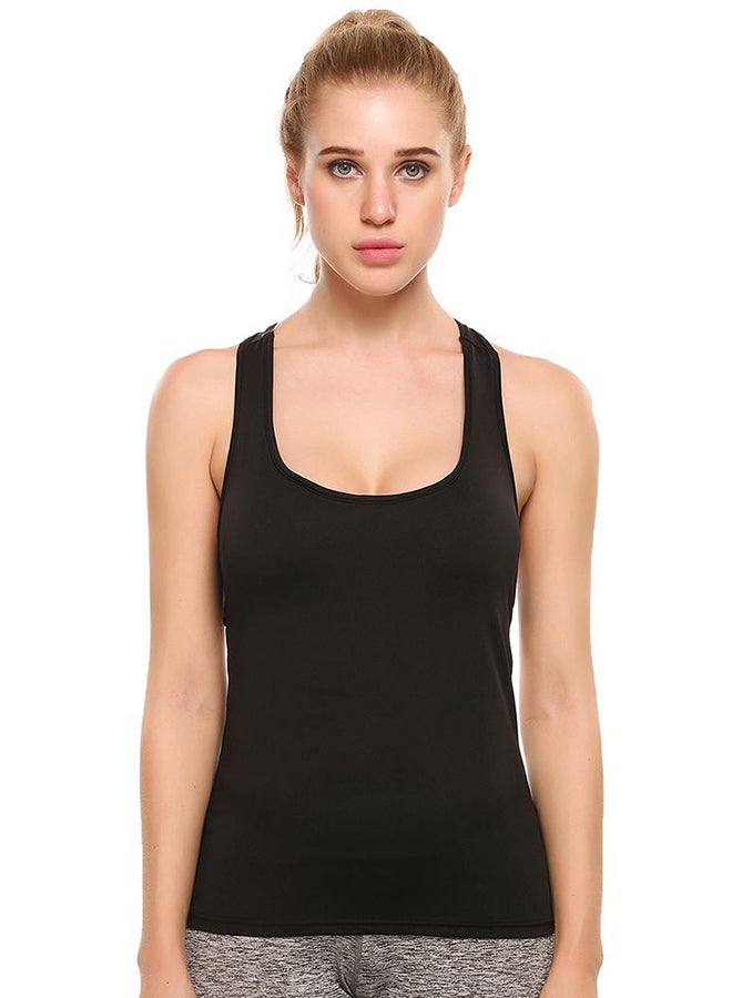 Scoop Neck Solid Slim Yoga Top With Removable Pads Black  - Image 1