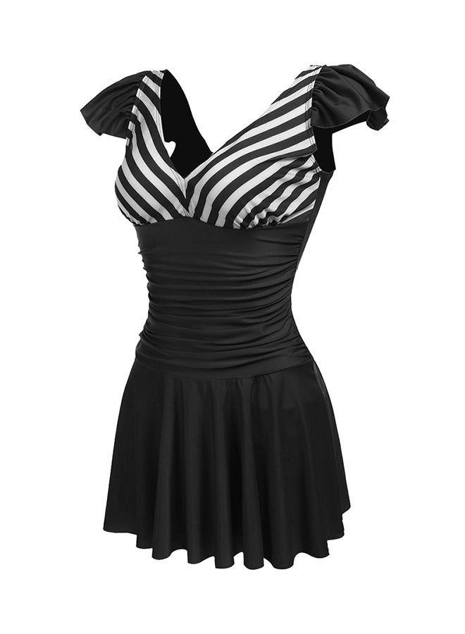Cap Sleeve Ruched Waist Striped Patchwork Swimwear Black