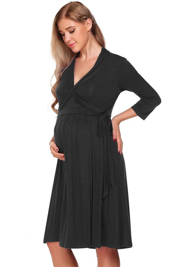 Maternity Labor Delivery Nursing Robe Sleepwear Dress Black