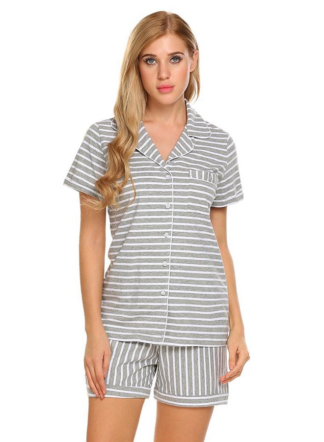 Short Sleeve Striped Button Shirt And Elastic Waist Shorts Set Grey  - Image 1