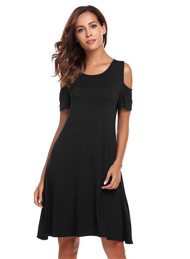 Cold Shoulder Short Sleeve Solid Nightgown Sleep Dress Black