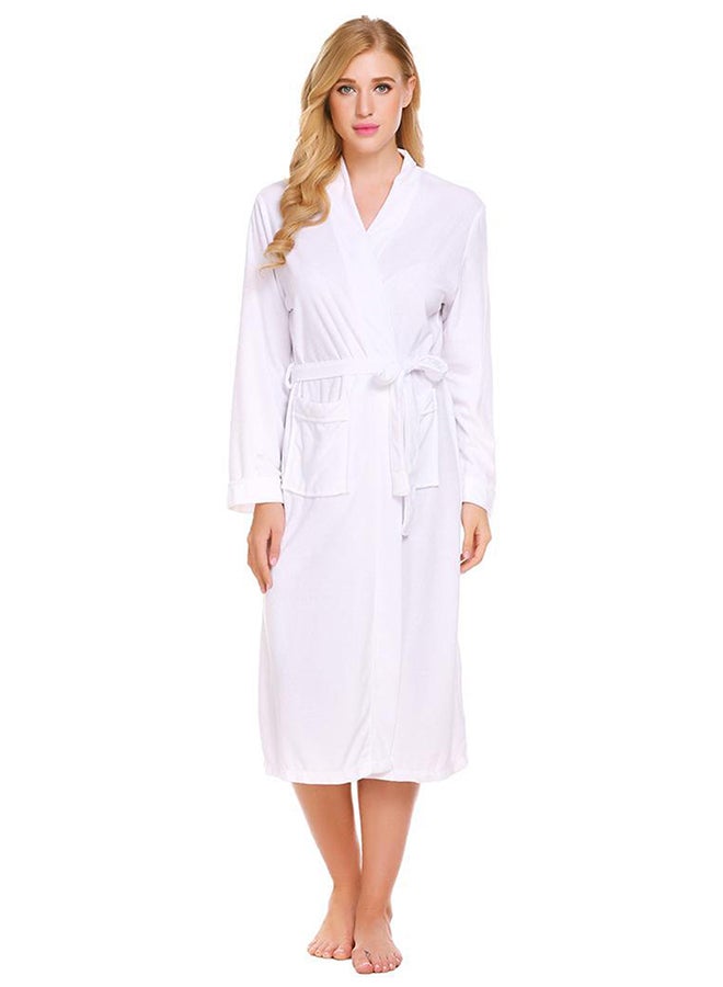 Robe Long Sleeve Spa Midi Kimono Bathrobe With Pocket White 