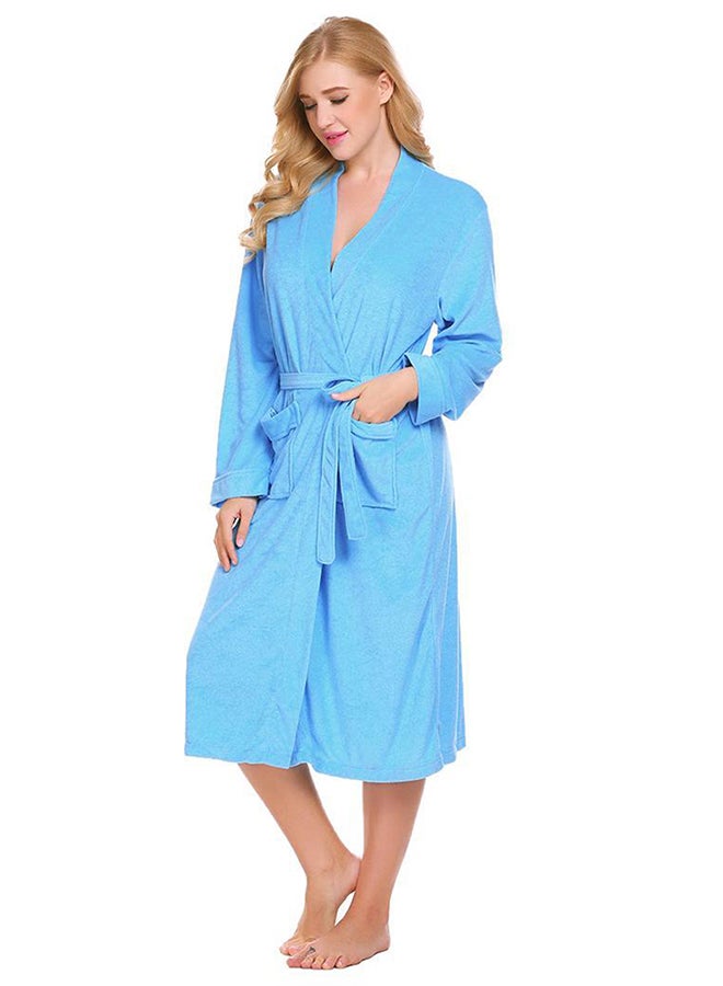Robe Long Sleeve Spa Midi Kimono Bathrobe With Pocket Blue - Image 4