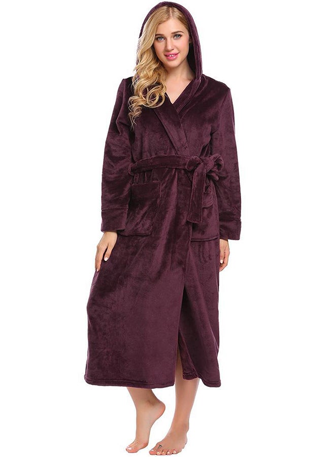 Hooded Solid Fleece Wrap Robe Bathrobe With Belt Long Sleeve Maroon