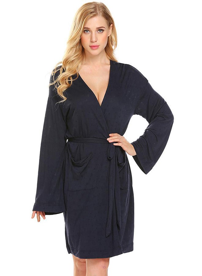 Long Sleeve Hollow Jacquard Comfort Kimono Spa Bathrobe Navy