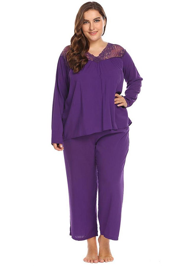 V Neck Long Sleeve Lace Patchwork Top And Pyjamas Set Purple  - Image 1