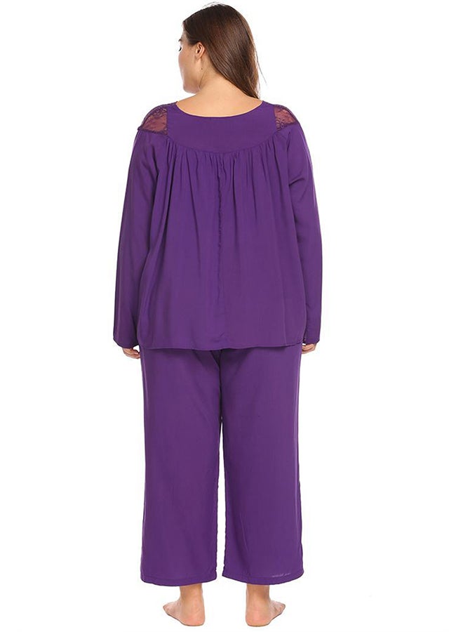 V Neck Long Sleeve Lace Patchwork Top And Pyjamas Set Purple  - Image 2