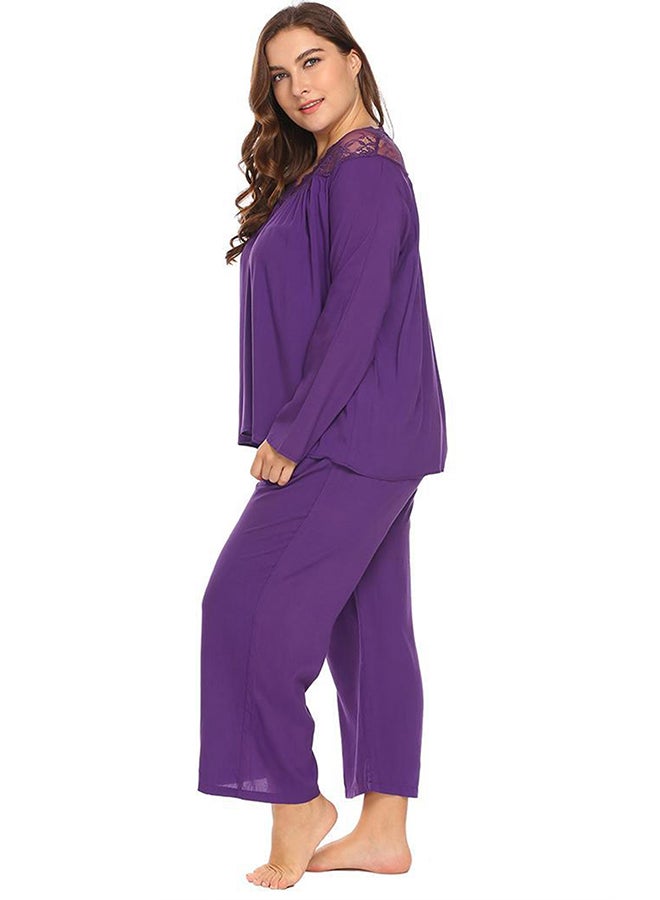V Neck Long Sleeve Lace Patchwork Top And Pyjamas Set Purple  - Image 3