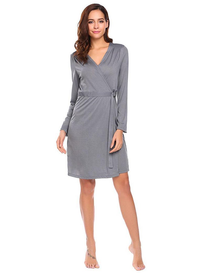 Long Sleeve Comfort Kimono Bathrobe Lounge Spa Bath Short Style Grey - Image 1