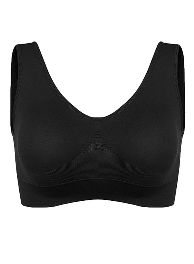 V Neck Elastic Regular Fit Padded Solid Sports Comfortable Bra Black  - Image 1