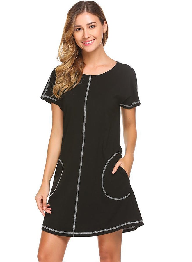 Round Neck Batwing Sleeve Sleepshirt Nightdress Black  - Image 1