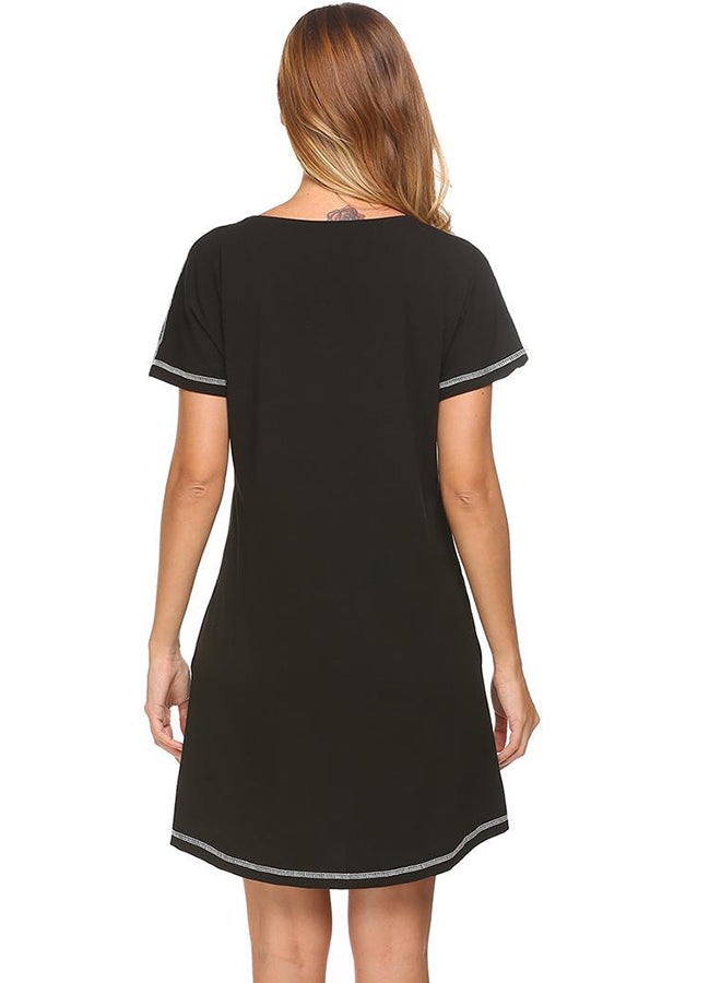 Round Neck Batwing Sleeve Sleepshirt Nightdress Black  - Image 2